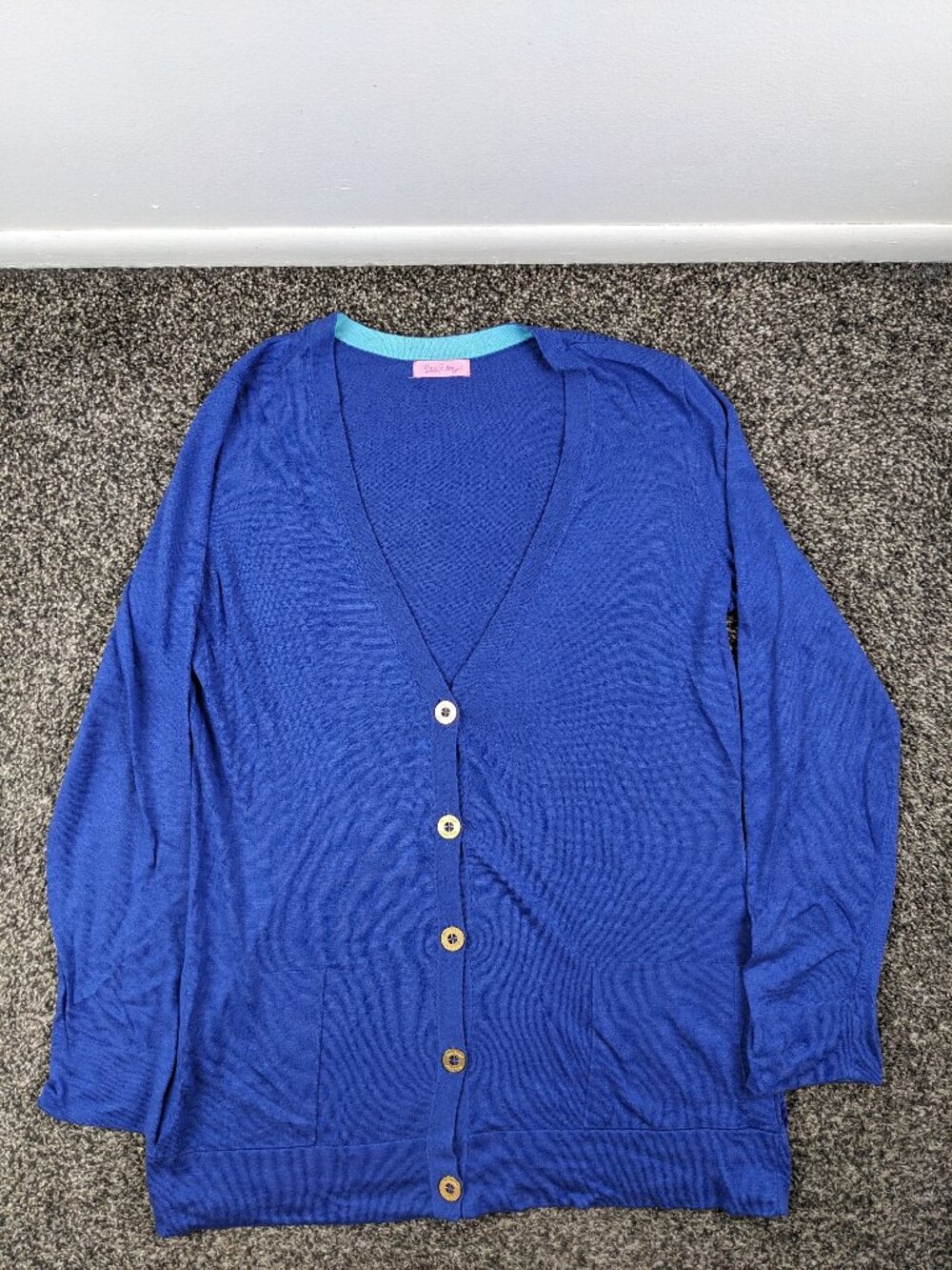 Lilly Pulitzer Sweater Gold Button Heidi Cardigan Tri Blend Iris Blue Womens XL